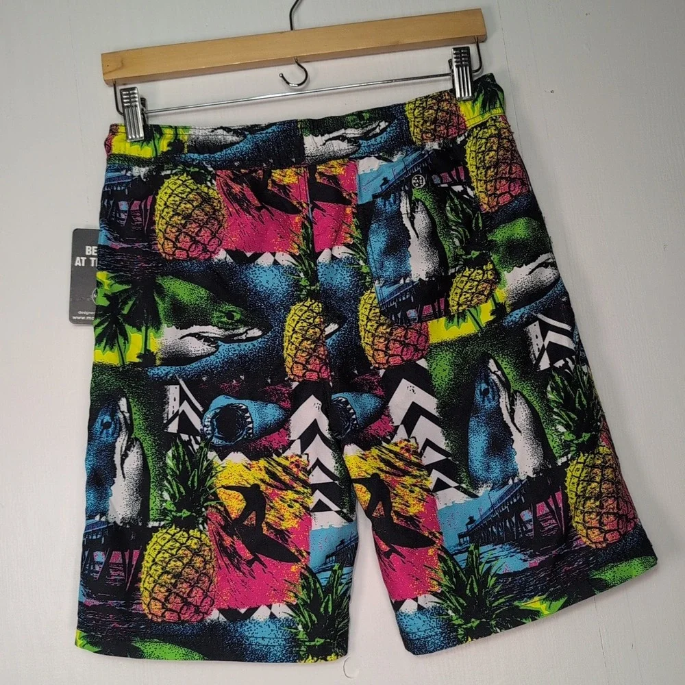 NEW Maui and Sons Boys XL 18 Pool Shorts Swim Trunks Neon Shark Pineapple Print